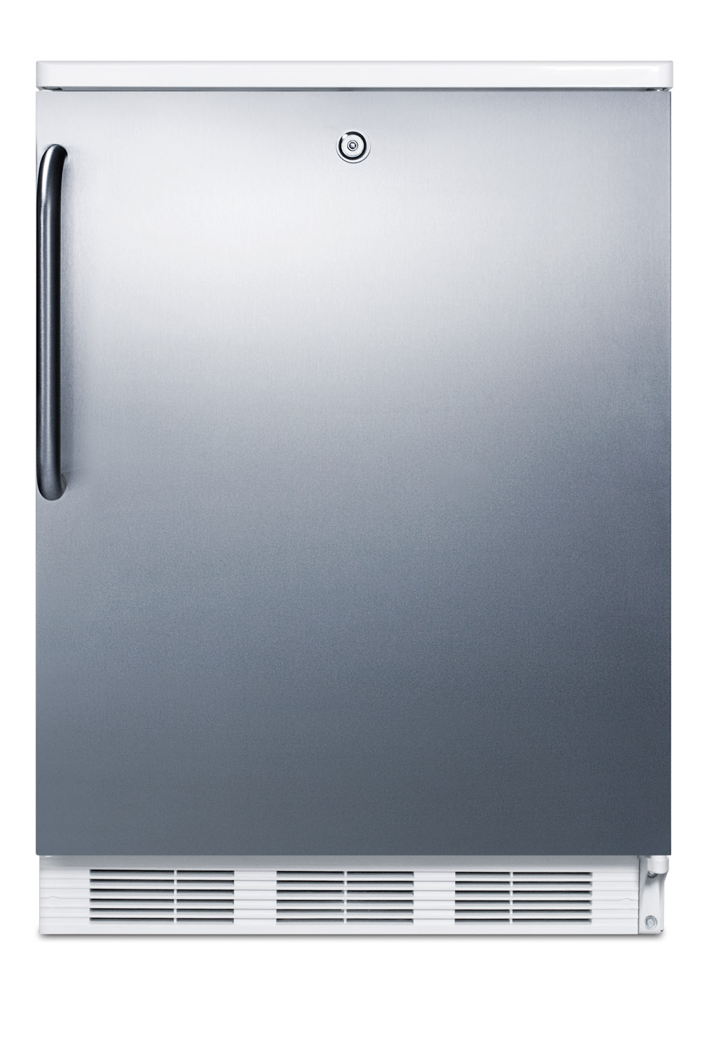 Freestanding ADA compliant refrigerator-freezer for general purpose use, w/dual evaporator cooling, cycle defrost, lock, SS door, TB handle, and white cabinet